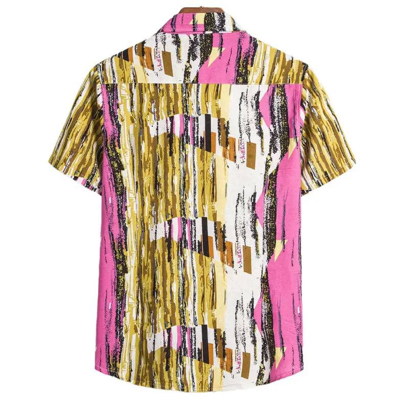 

Men Short Sleeve Abstract Striped Shirt Holiday Beach Button-Up Casual Loose Top
