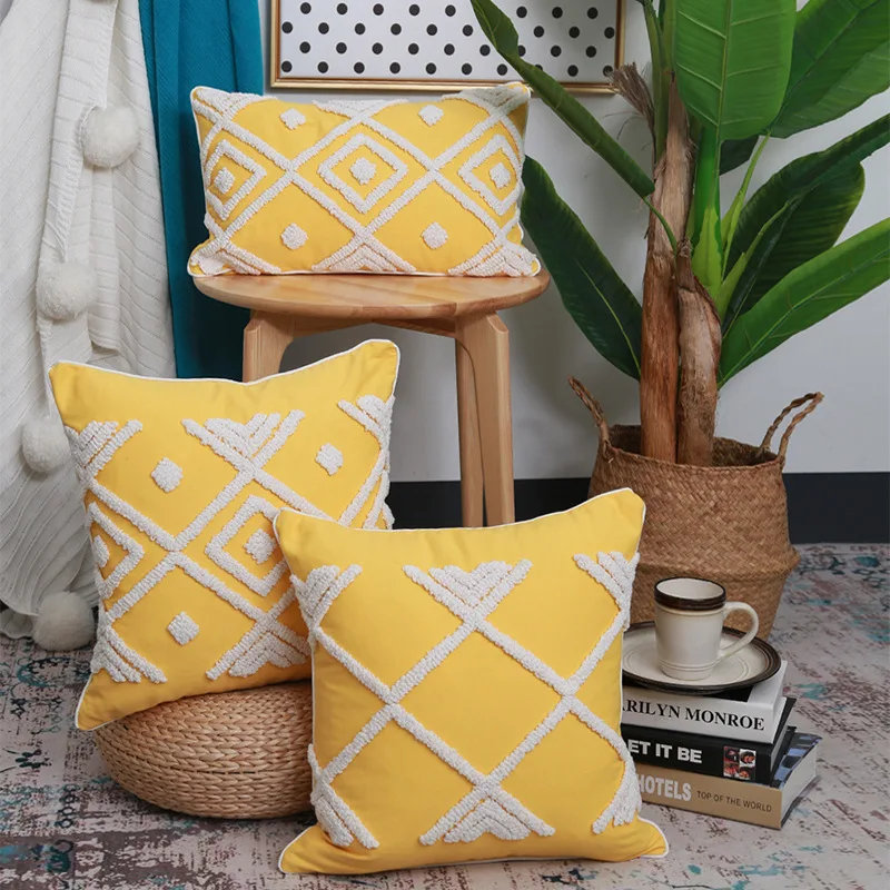 

Geometric Embroidery Cushion Cover Living Room Sofa Nordic Style Yellow Tufted Pillow cover 45*45CM Pillowcase