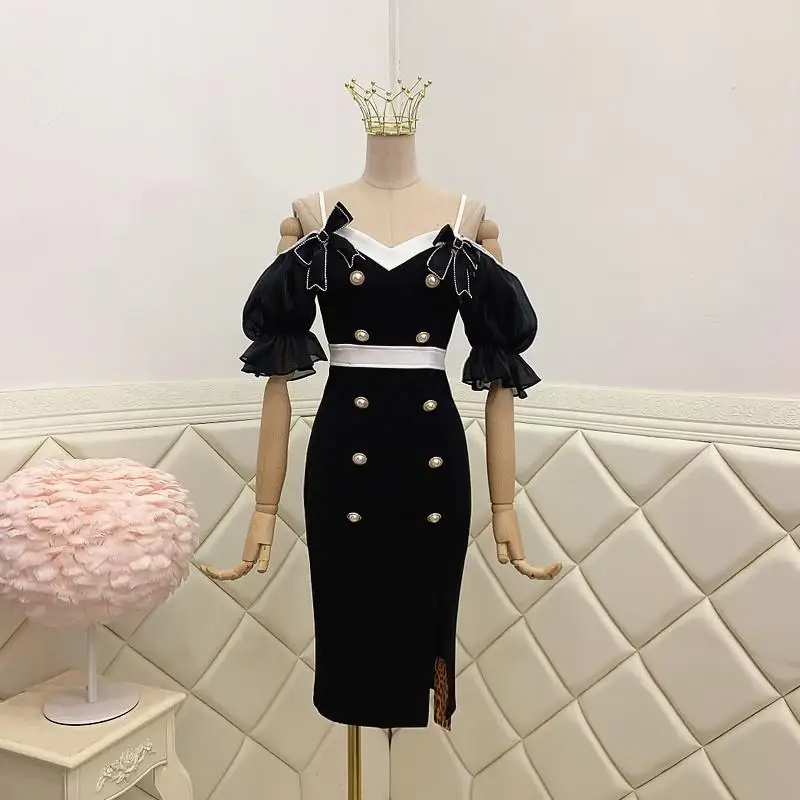 

Sexy Elegant Black One-Line Neck Strapless Dress Bow Puff Sleeves Midi Dress Summer Holiday Tube Top Mini Dress Party Clothes