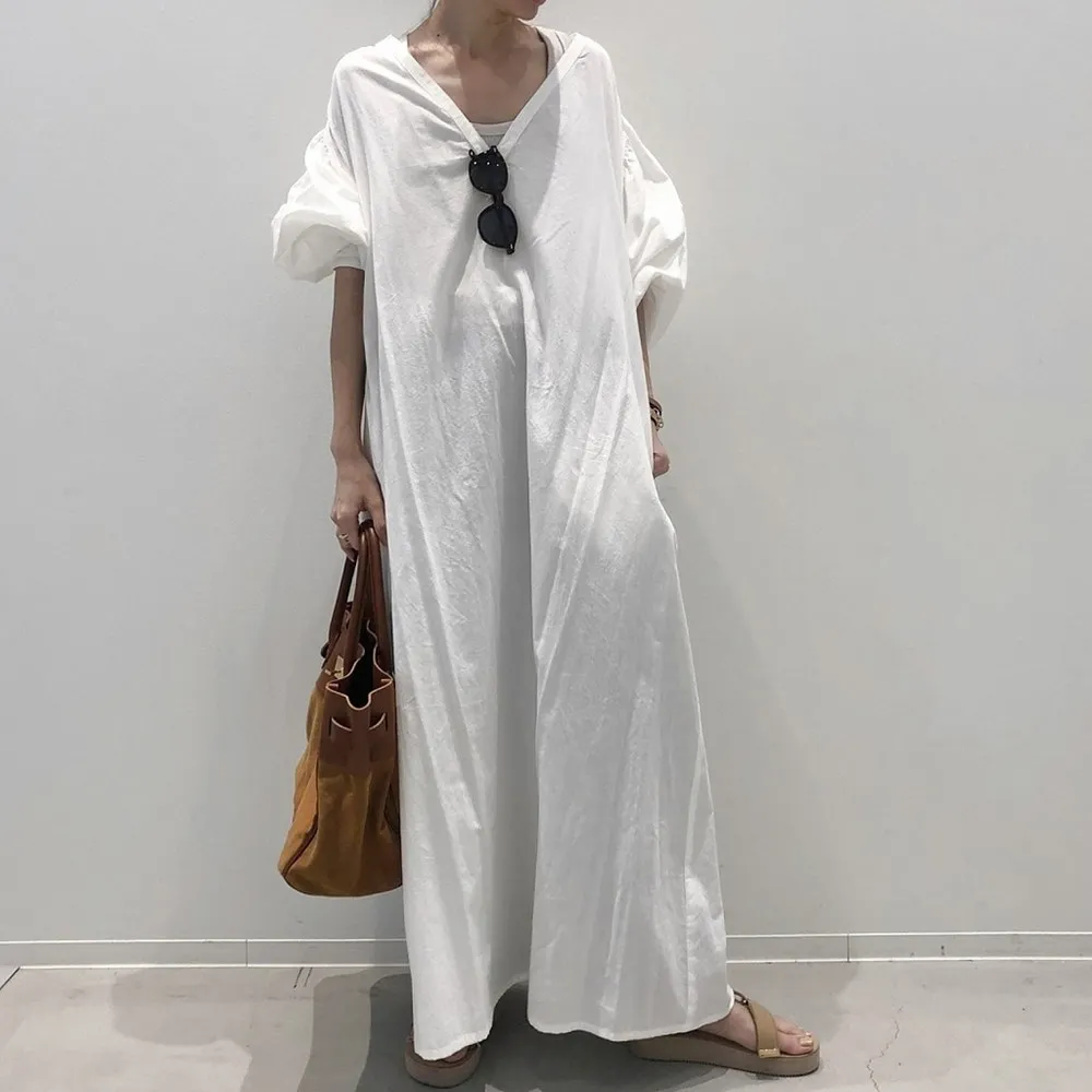 

Women Long-sleeved Maxi Dress Fashion A-line Standard Waist Pullover Casual Dress White Summer Plain Loose V Neck Long Dresses