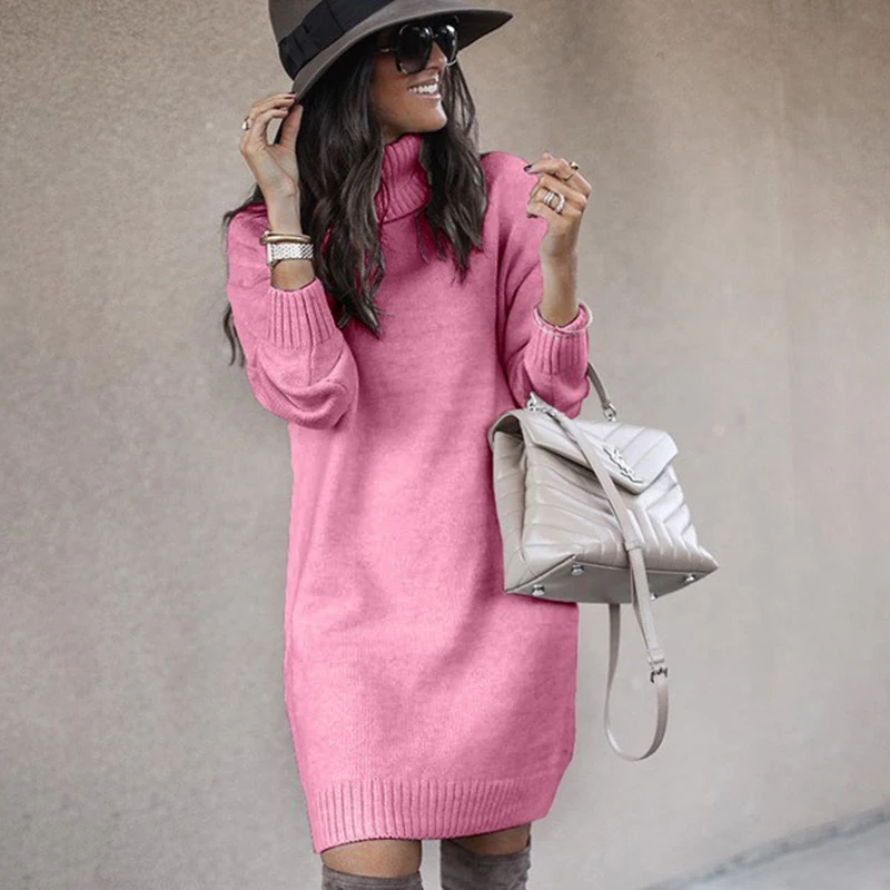 

Women's Turtleneck Long Sweater Dress Solid Autumn Winter Long Sleeve Women Sweater Pullover Invierno Mujer