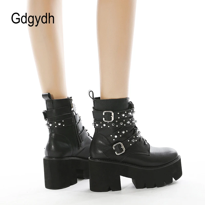 Gdgydh Sexy Rivets Women Gothic Boots Platform Chunky Heels with Zipper Big Size Cosplay Rave Boots of Women Ankle Buckle Strap