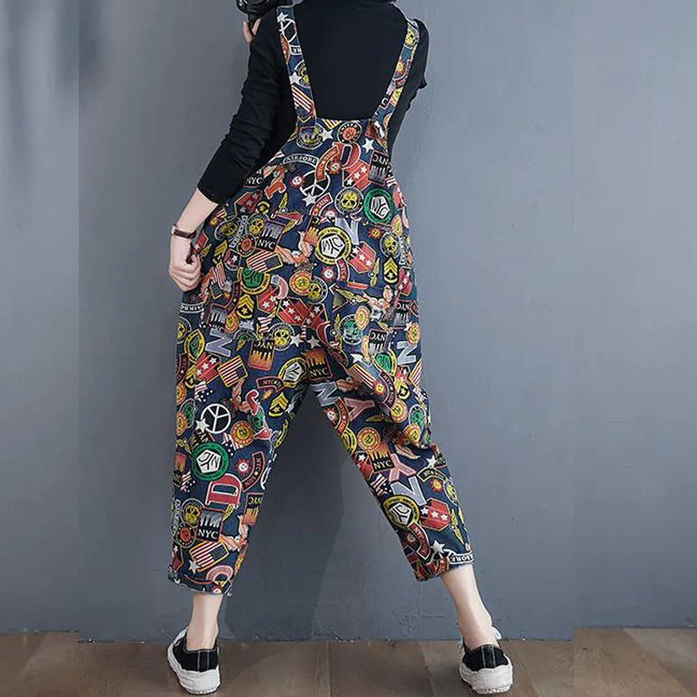 

Womens Jumpsuit New Arrival 2021 Punk Style High Waist Wide Leg Summer Pants Party Ladies Casual Loose Cartoon Denim Overalls