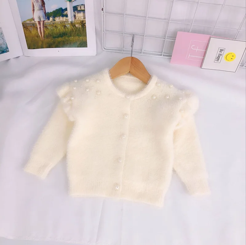 

2018 new girl baby fashion fur beaded sweater cardigan girls kids winter wearm soft coats cardigans overwear