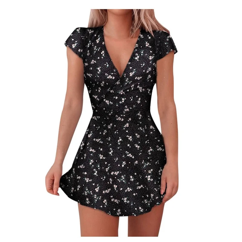 Мини-платье с коротким рукавом V-образным вырезом и цветочным принтом |