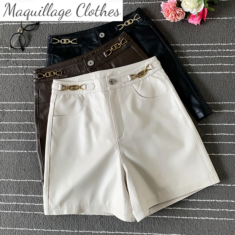 

Брюки женские кожаные с высокой талией, модные повседневные короткие штаны из натуральной кожи с широкими штанинами, в европейском стиле, ...