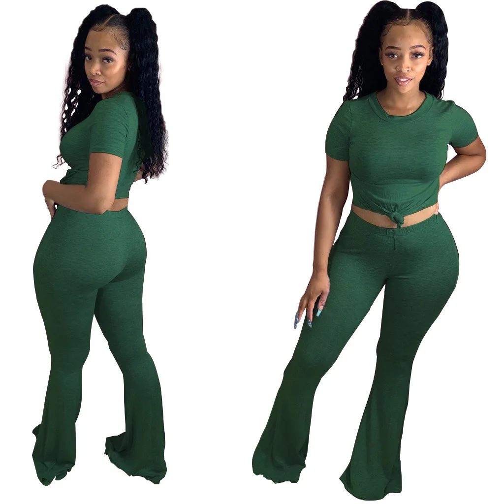 

Cutubly Solid Two Piece Set Short Sleeve T-shirt Wide Leg Flare Skinny Pants Jogger Suit Women's Set Tracksuit Outfits Fashion