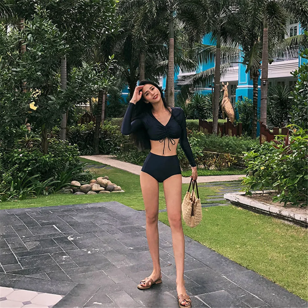 Женский сплошной купальник-бикини с длинным рукавом плиссированный раздельный