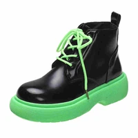 womens thick soled leather boots motorcycle brand design autumn fashion lace up zipper green ankle boots womens shoes