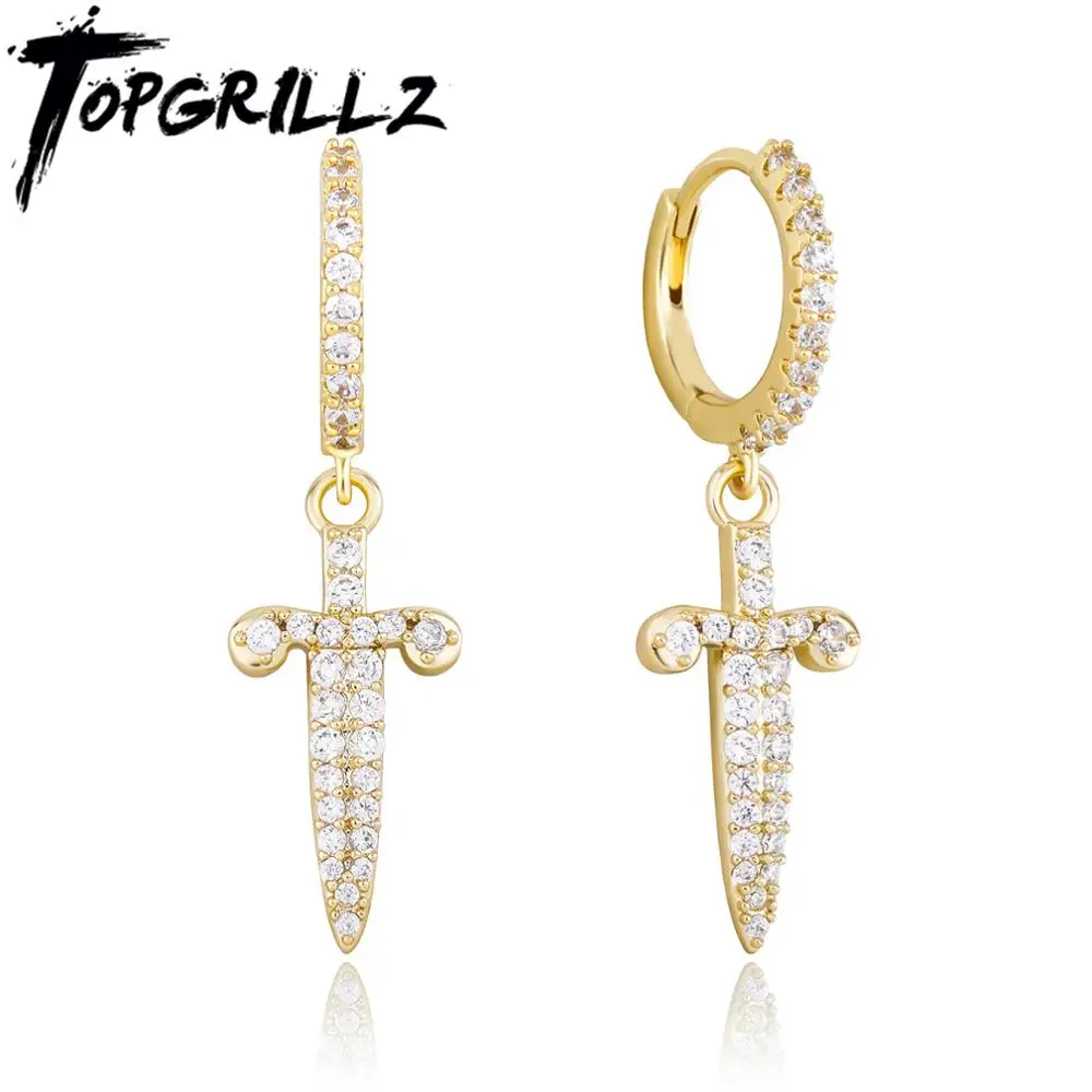

TOPGRILLZ Новый ледяной меч Кинжал серьги полный кубический цирконий высокое качество Медь хип-хоп модные ювелирные изделия подарок для вечерн...