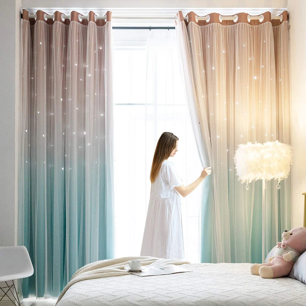 

Blackout Curtains For Living Room Bedroom Double Layer Star Cut Out Stripe Rainbow Window Wall Home Decoration Curtain 1 Panel