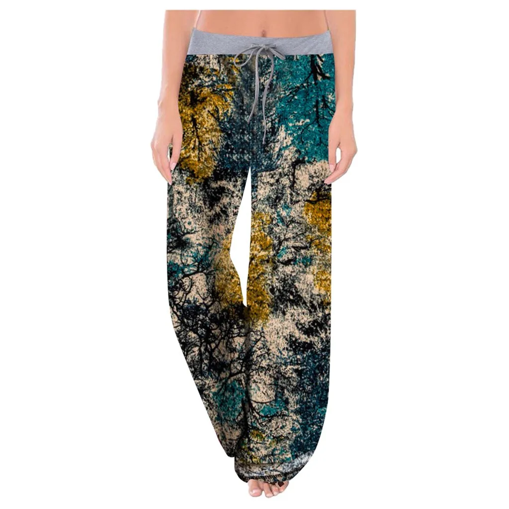 

Женские свободные брюки с цветочным принтом, Повседневные Удобные Стрейчевые длинные брюки на шнуровке с широкими штанинами, пижама, 2020