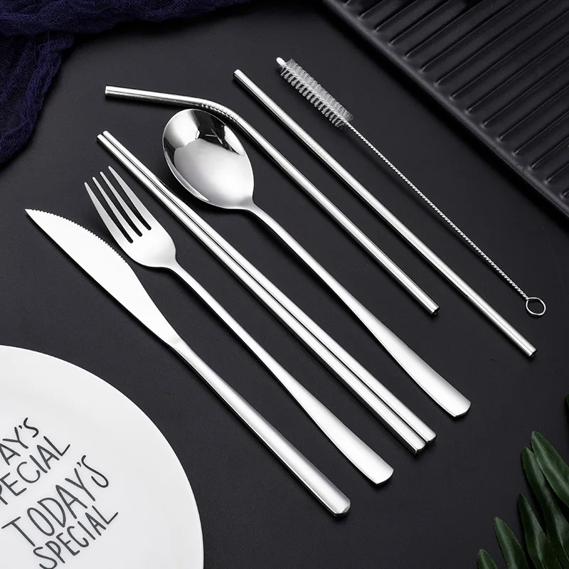 Silver 7-piece Set Портативные многоразовые столовые приборы для путешествий, набор из нержавеющей стали 304, вилка, ложка, палочки для еды, набор соломенных кистей, радужные столовые приборы с мешочком - Цвет: Silver 7-piece Set