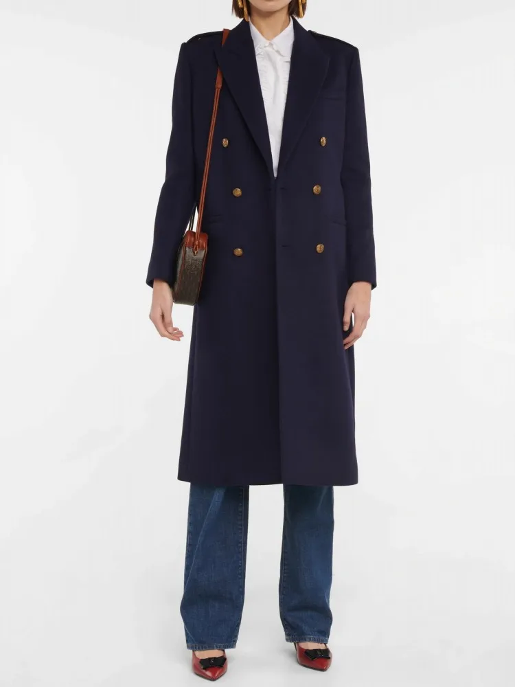 

Женское двубортное пальто с разрезом на спине, длинное шерстяное пальто темно-синего цвета, Элегантное зимнее Прямое пальто