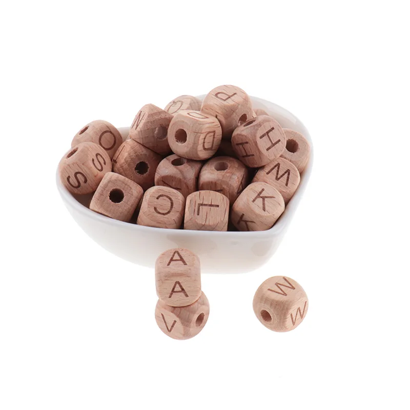 Cuentas de madera de haya para ni&ntilde;os, abalorios de 12MM con letras para morder, manualidades, juguetes de dentici&oacute;n, alfabeto, 200 piezas-2