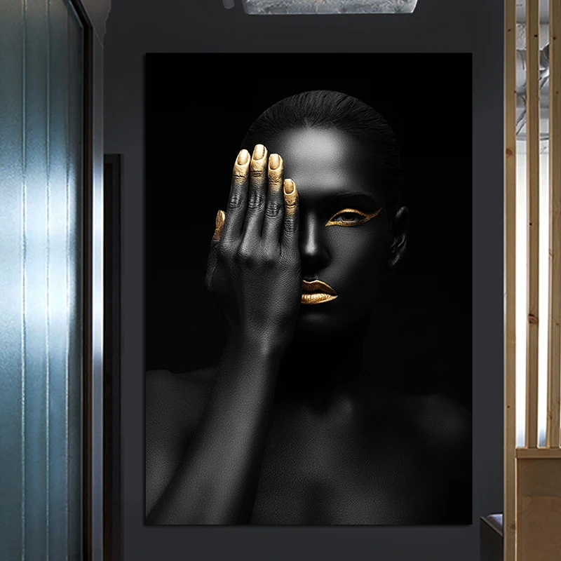 Привлекательные черные Золотые губы Обнаженная женщина держащая ее глаза холст