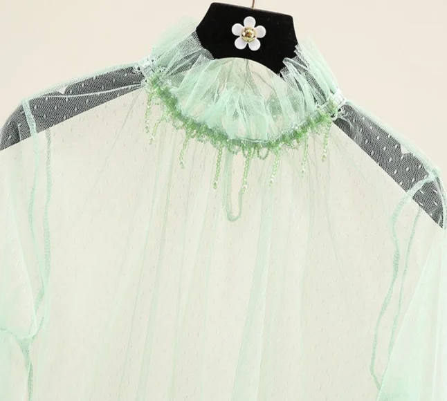 Розовая сетчатая рубашка для женщин 2019 темперамент Фея бисера кисточкой рог