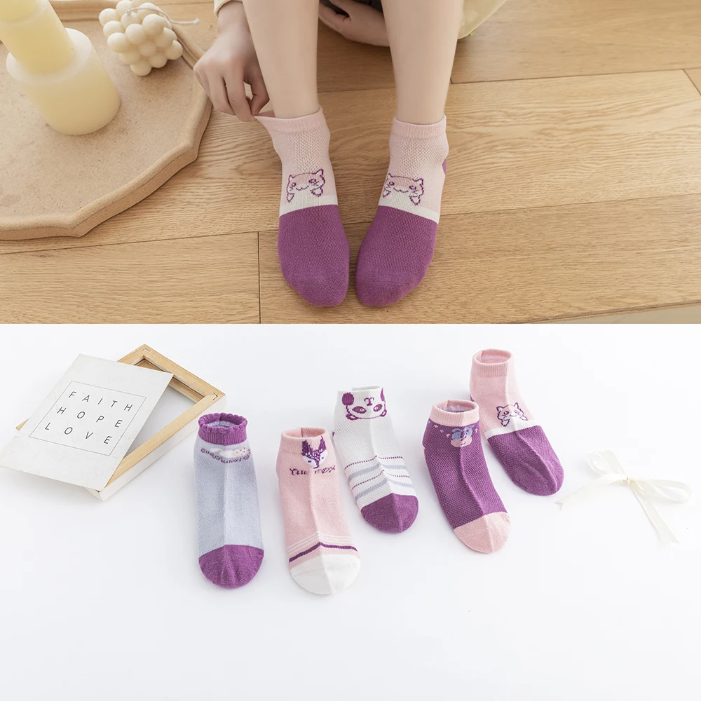Calcetines finos de algod&oacute;n con estampado de animales para ni&ntilde;os y ni&ntilde;as, medias bonitas de malla, para verano y primavera, 5 par/lote-0