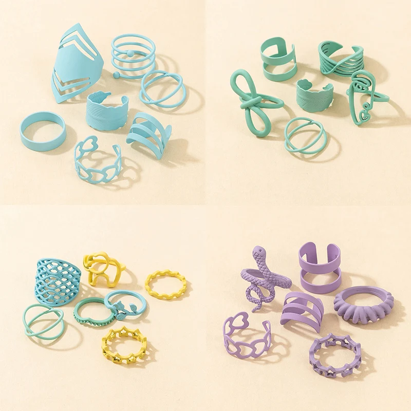 

docona 7pcs / Set Charming Candy Color Snake Joint Rings New Irregular Geometric Heart Statement Rings for Women Jewelry Anillo