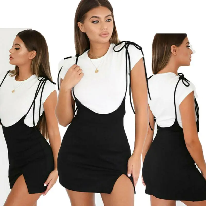 Женская плиссированная мини-юбка на лямках черная подтяжках с высокой талией