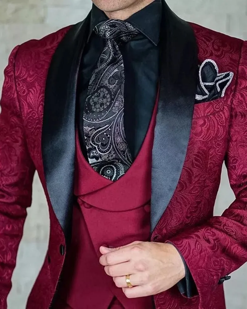

Костюм Свадебный Мужской винного цвета, смокинг приталенный, жаккардовый пиджак, жилет, брюки для жениха, выпускного вечера, 3 предмета