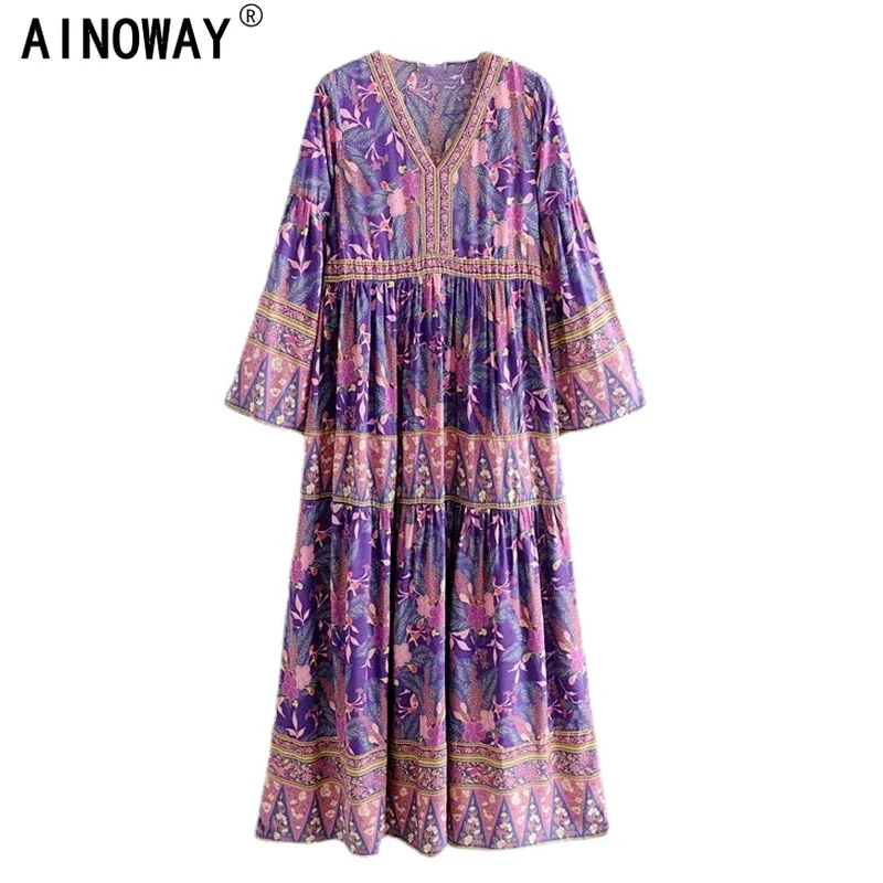 Vintage Chic Women Purple Floral Print V-neck Rayon Beach Bohemian Dresses Ladies Tassel Lace-up Summer Boho Maxi Dress Robe | Женская