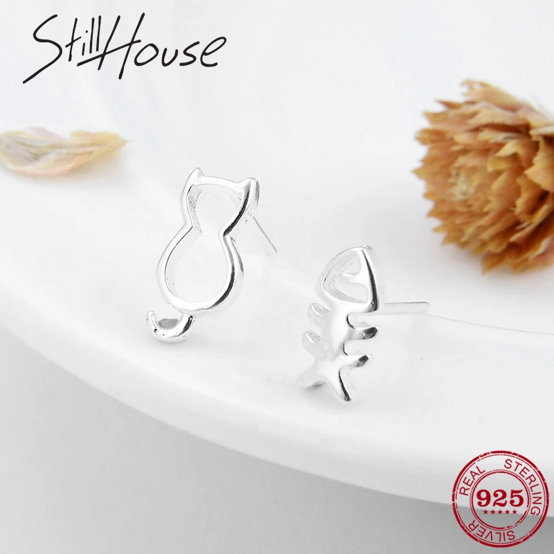 Женские серьги-гвоздики из серебра 925 пробы с котом | Украшения и аксессуары