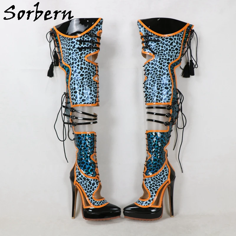 Sorbern Customized Mid Thigh Boots Women Pointed Toe Platform  High Heel Stilettos Leopard Shiny Hot Pink Fetish Shoes Lace Up