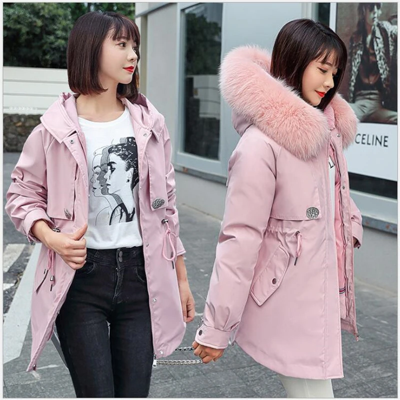 

2020 Women Jacket Winter Slim Wool Liner Female Cold Coat Hooded Thick Removable inside Plus Size Casual Parkas Female G840