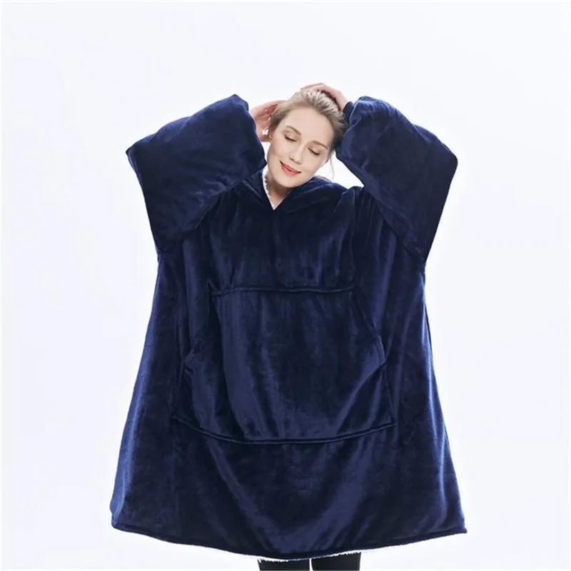 Winter Oversized Hoodies Women Fleece Warm TV Blanket with Sleeves Pocket Flannel h Thick home wear  Hoody Long Sweatshirt