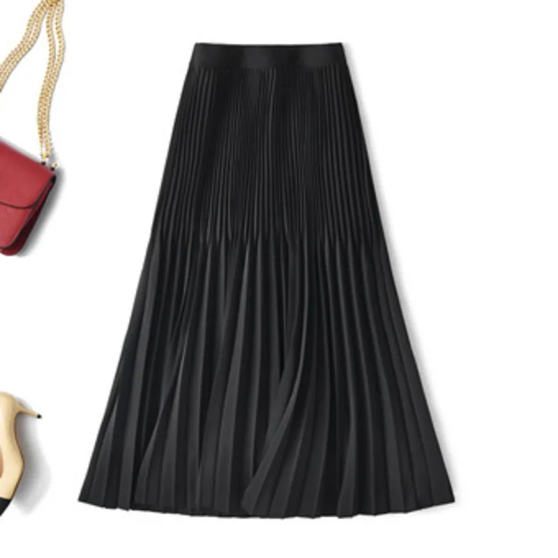 

LANMREM 2021 Spring Autumn Pleated Skirts Elastic High Waist Solid Color Soft A-Line Female Elegant Slim Midi Skirt 2A6045