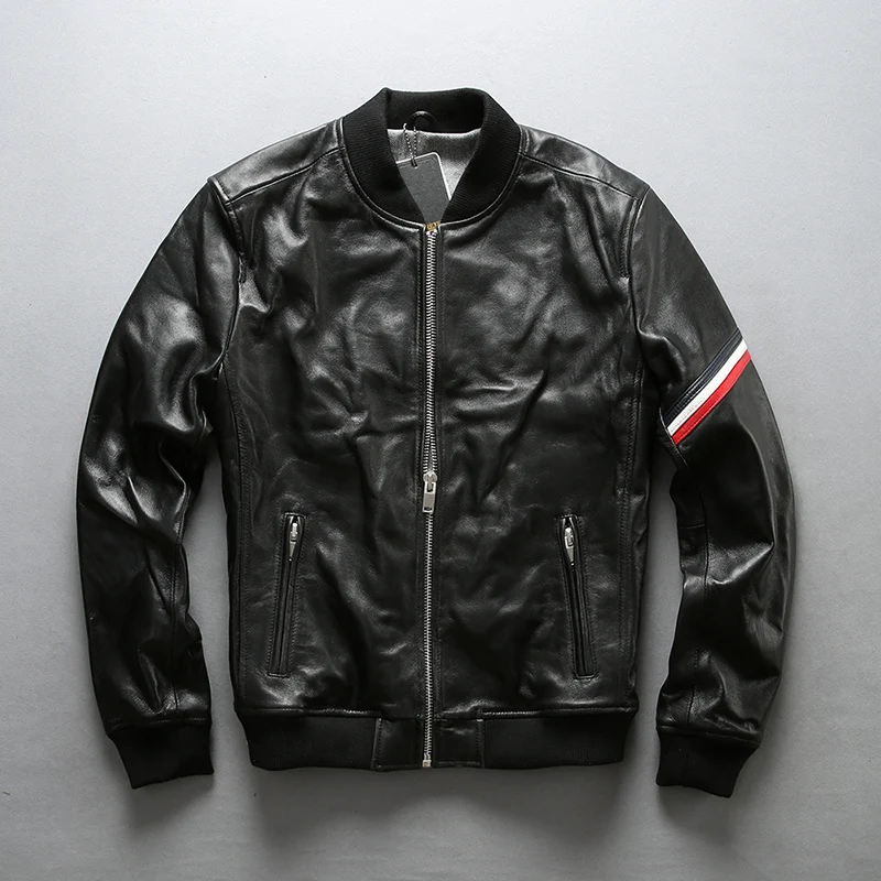 

men's AVIREX FLY slim fit Baseball uniform black sheepskin genuine leather jacket men fashion Fold real leather coat male