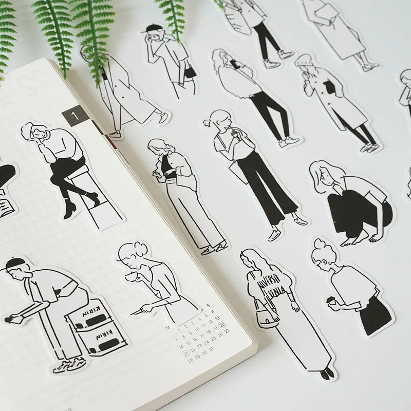 

15Pcs/Pack Black White Illustration Lonely Life Sticker DIY Craft Scrapbooking Album Journal Happy Planner Decorative Stickers