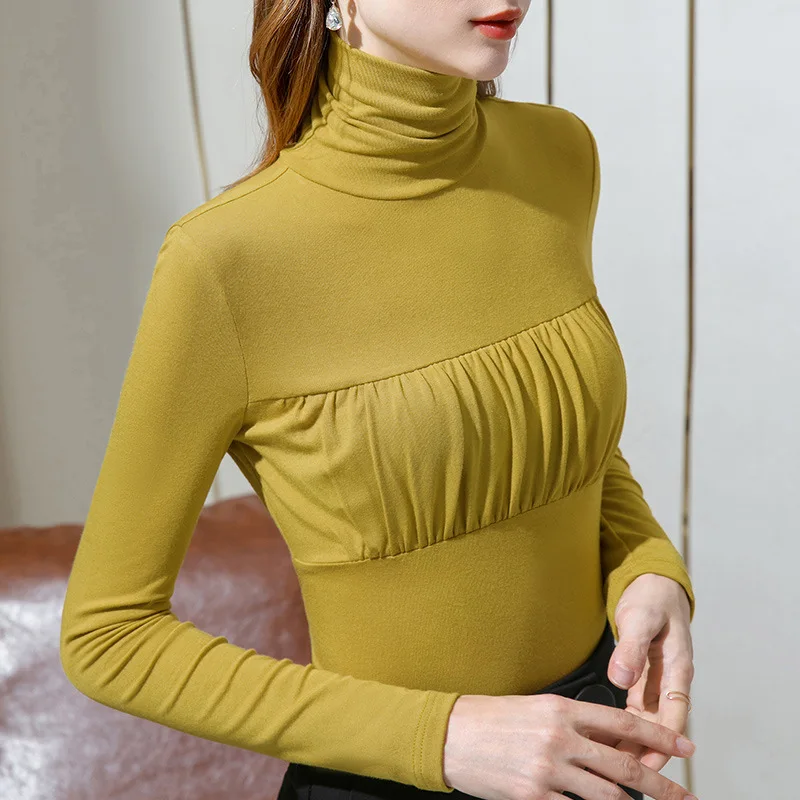 

High collar base shirt with long sleeve T-shirt for women in autumn and winter