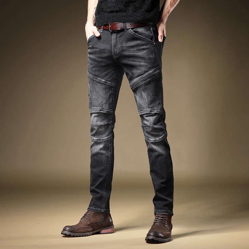 Autumn Men Black Biker Jeans Fashion Patchwork Straight Slim Fit Denim Trousers Casual Motorcycle Stretch Pants Jean