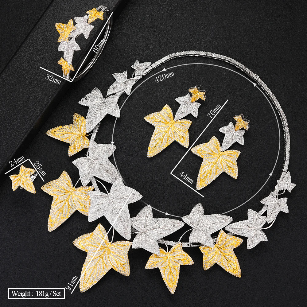 

missvikki Natural Maple leaf Jewelry Set Full Luxury Cubic Zirconia Bangle Earrings Necklace Ring Pendant Accessories Bijoux
