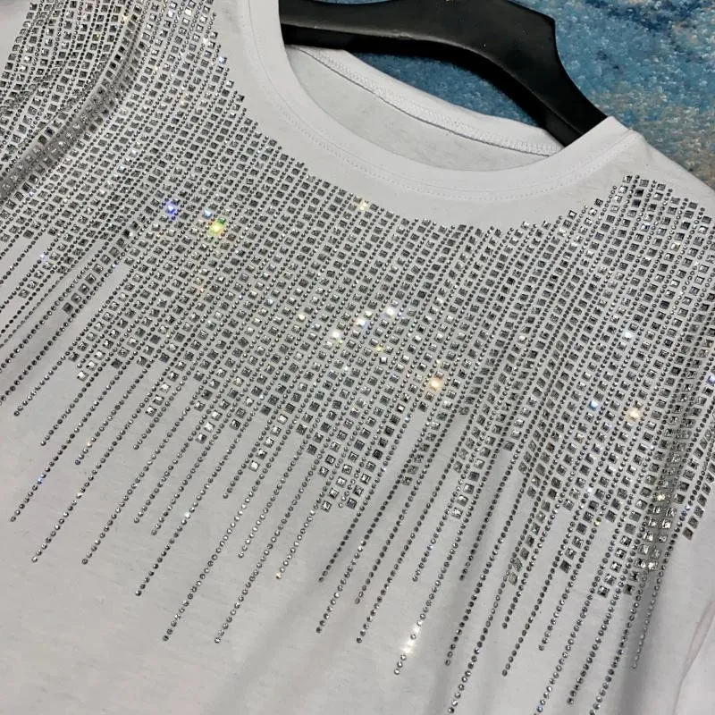 

Gothic Wear Summer Women Tops 2021 Casual Loose Fit Diamonds Shiny T-Shirt Female O-Neck Short Sleeve Fashion Black White Tees