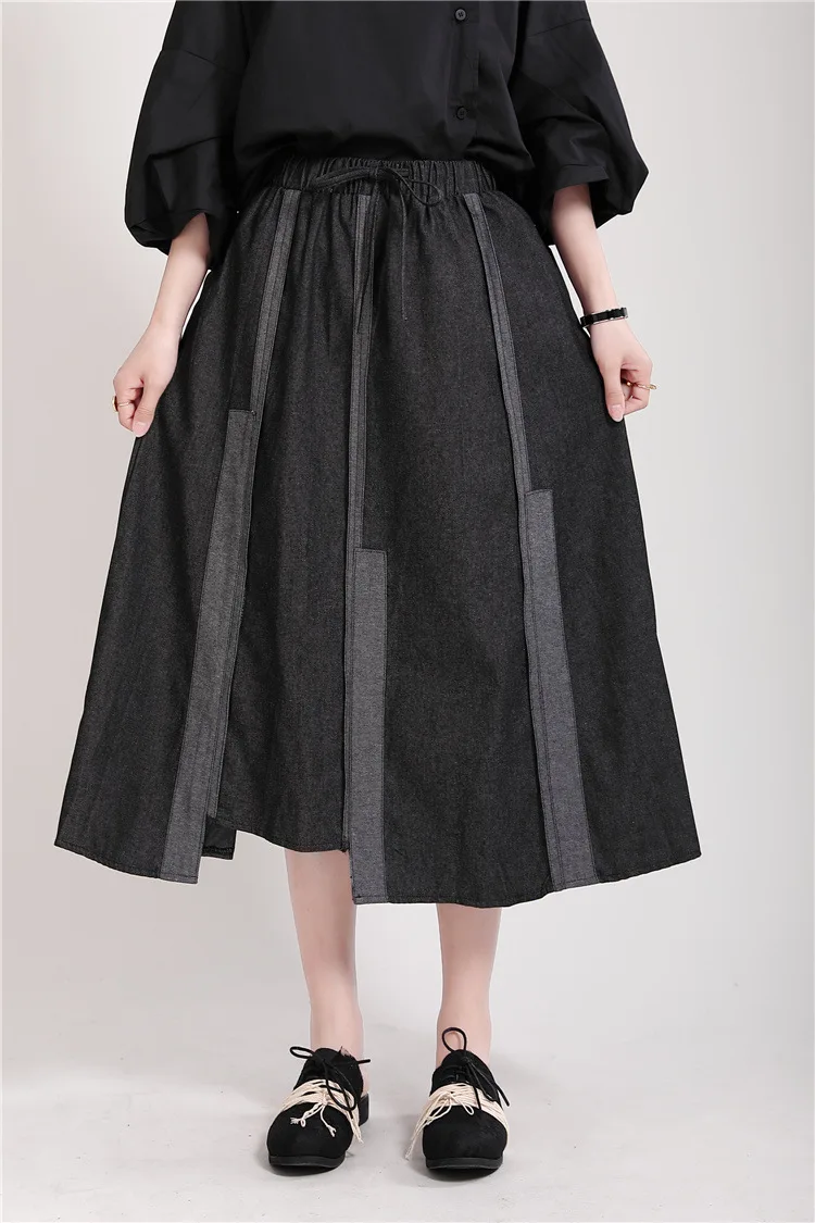 

2021 Summer New Black Mid Length Skirt Women Draping Large Swing Pleated Design Irregular Denim Skirt Loose Midi Faldas Mujer