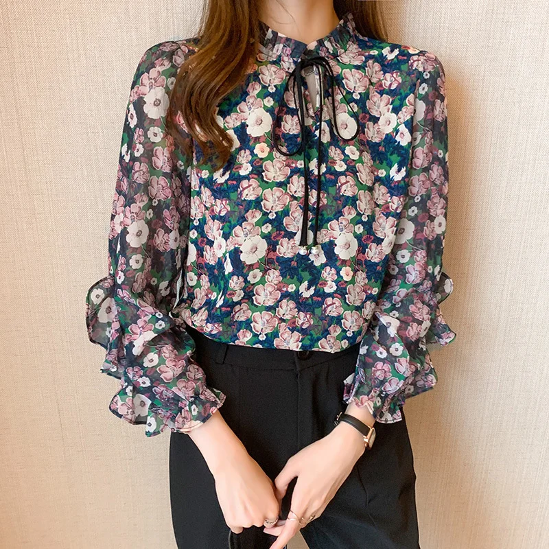 

#5101 Full Floral Printed Chiffon Blouse Women Thin Casual Vintage Blouse Femme Long Sleeves Spliced Ruffles Sexy Women Blouses