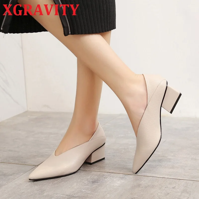 

XGRAVITY 2022 New Autumn Winter Fashion Chunky Heel Pumps Sexy Pointed Toe Dress Shoes V Cut Women Shoes Elegant Ladies Shoes