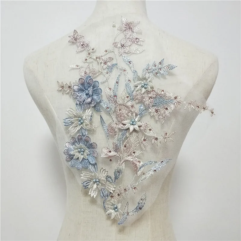 Черная кружевная аппликация с 3D бусинами темно-синяя вышитая свадебная для