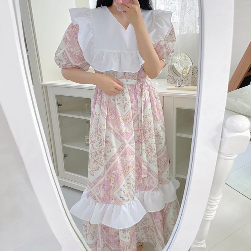 

Summer Korean Fashion Chic Sweet Lotus Leaf Side Big Lapel Stitching Loose-fitting Strap Waist Print Bubble Sleeve Long Vestido