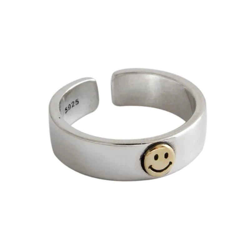 

YPAY 2021 Sole Memory Retro Cute Golden Smiley Thai Silver 925 Sterling Silver Female Resizable Opening Rings