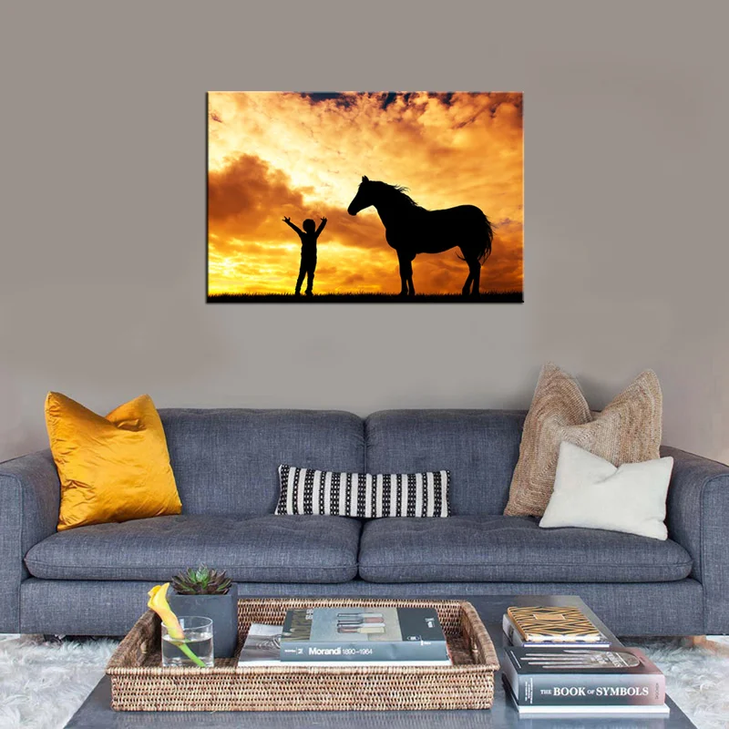 Лошади и ребенка Закат силуэт Плакаты печать холст пейзажи Африки домашний декор