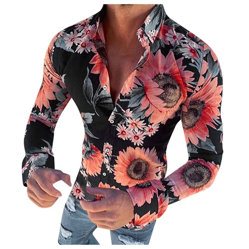 

New Men's Floral Shirt Long Sleeve Casual Shirt Fashion Rose Flower 3d Printed Turn-down Collar Slim Fit Shirt Mens Clothing