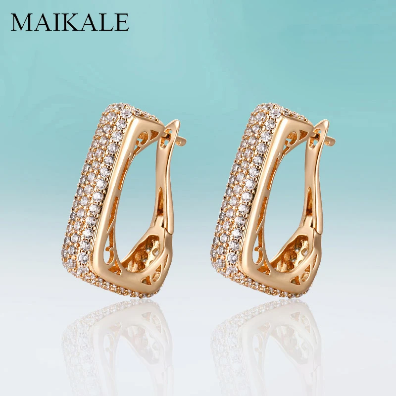 MAIKALE Роскошные u образные серьги гвоздики с фианитом золотые пустотелые для