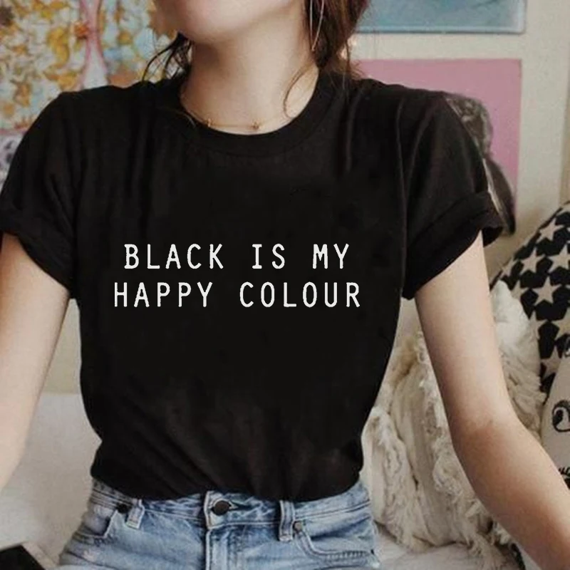 

Женская футболка черный мой счастливый Цвет Футболка с принтом, с надписью Топы для женщин летом с коротким рукавом, о-образный вырез, Женск...