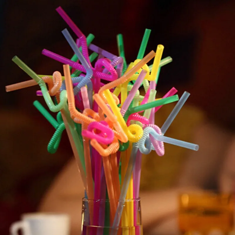 Изогнутые разноцветные пластиковые флуоресцентные соломинки для напитков 100 шт.