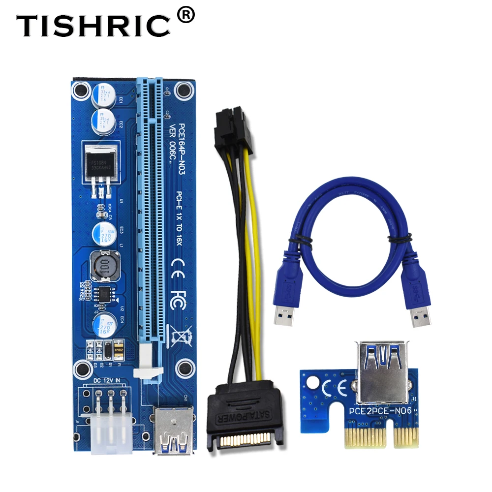 

5Pcs TISHRIC VER006C PCIE PCI-E Riser Card 1x to 16x USB 3.0 Extender Adapter Sata To 6Pin Express Adapter BTC Mining Miner