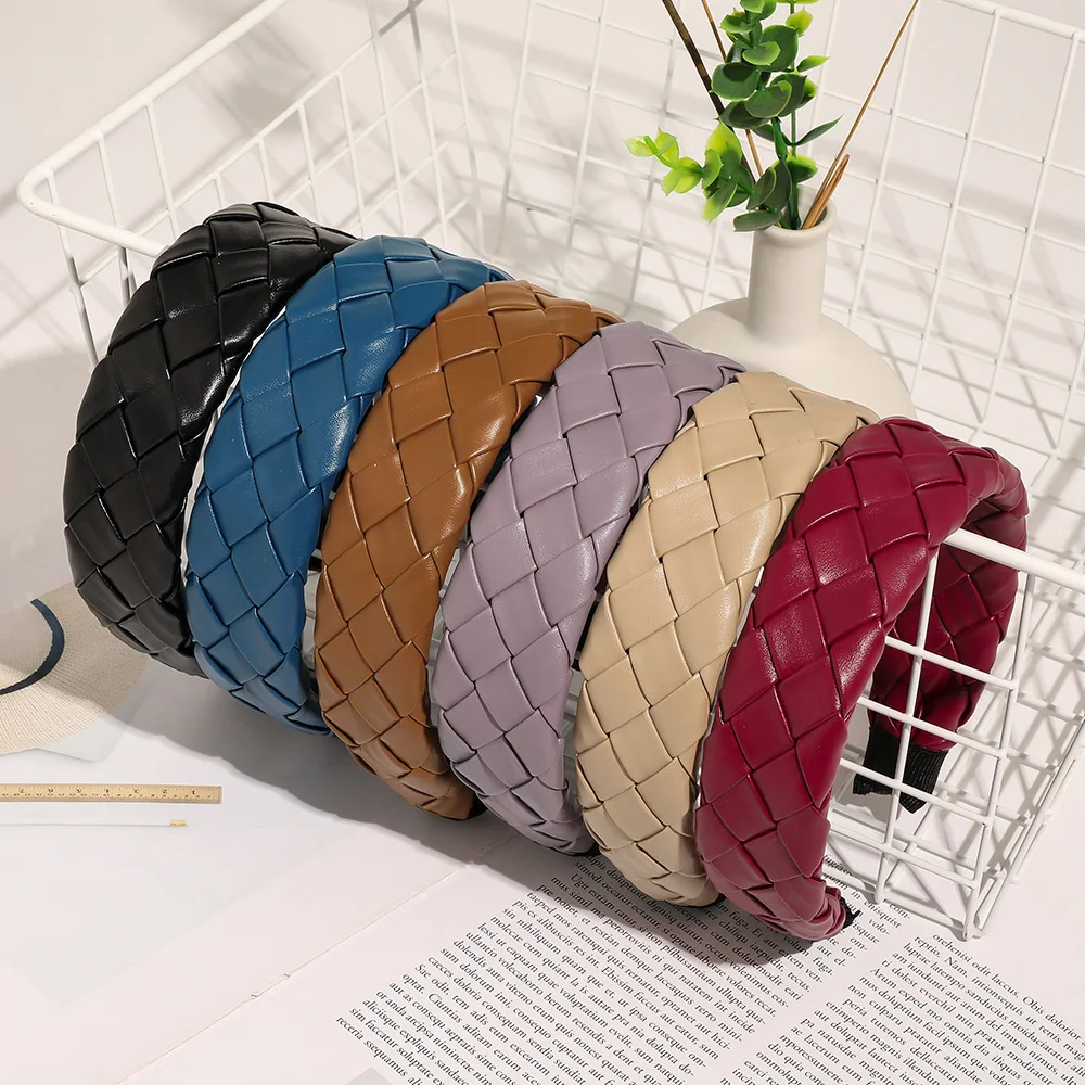 

Leather Hairbands Solid Simple 4cm Width Pu Leathers Women Headbands Fashion Wide Weave Hair Hoops Headwear